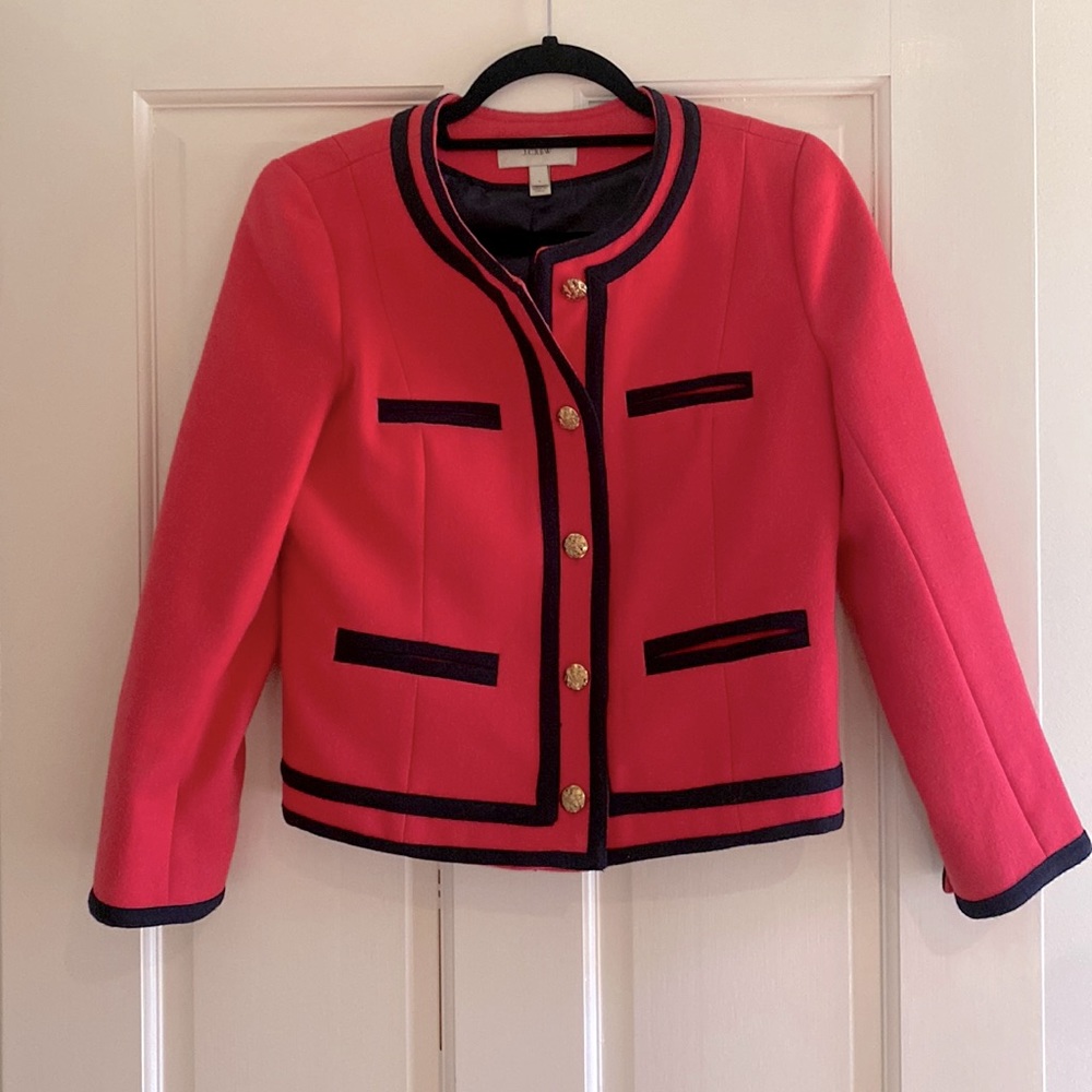 J CREW 99875 Pink Navy Trim Double Serge WOOL Button Blazer JACKET